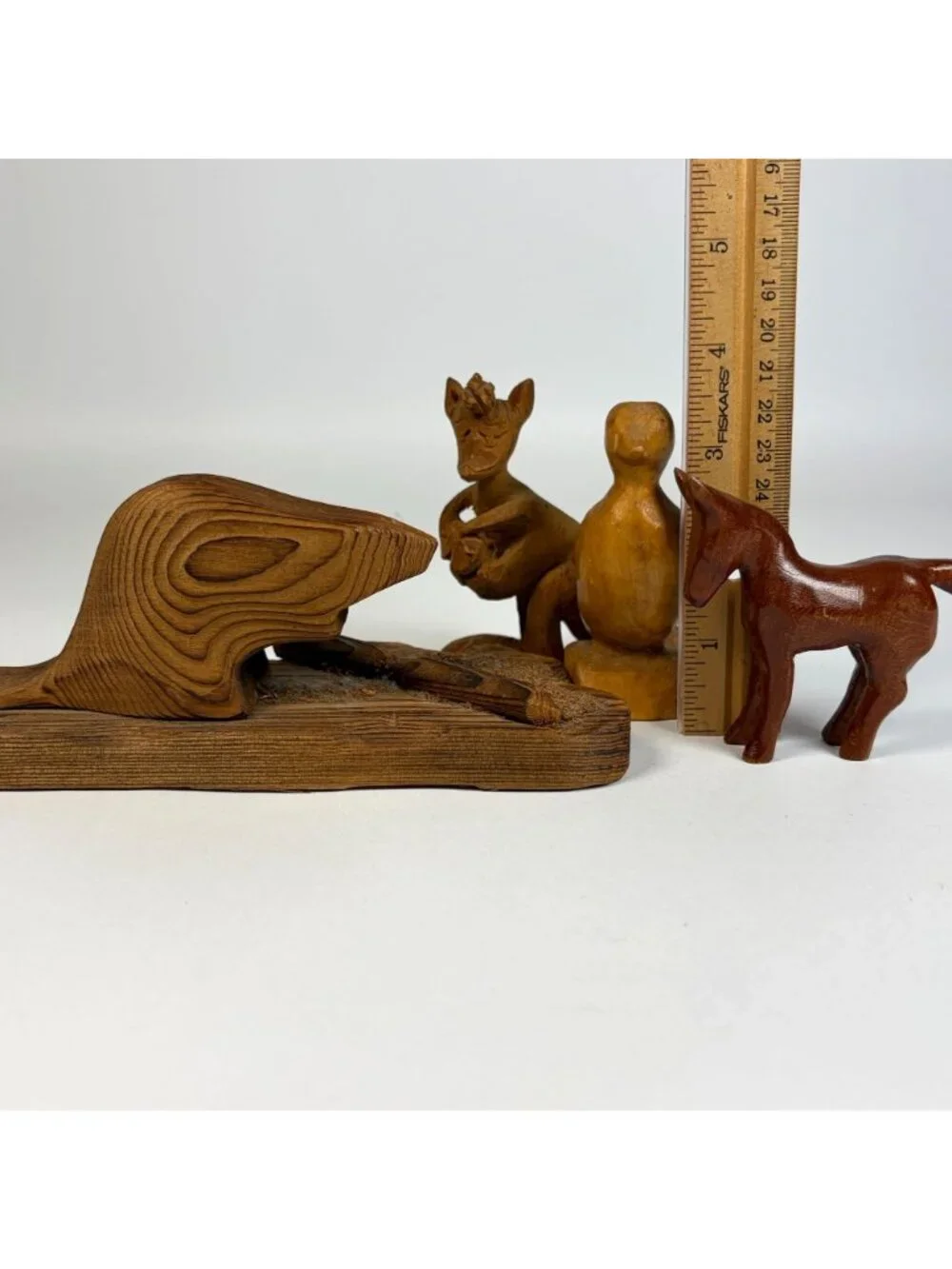 Lot of 4 Hand Carved Wooden Animal Figurines Beaver Horse Kangaroo Bird Rustic